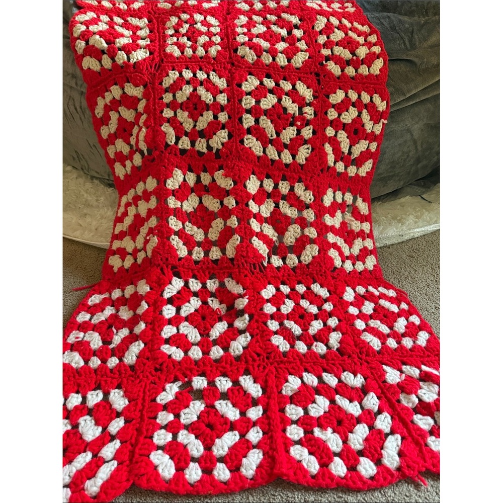 Hand Crafted Red and White Granny Square Crochet Throw Blanket